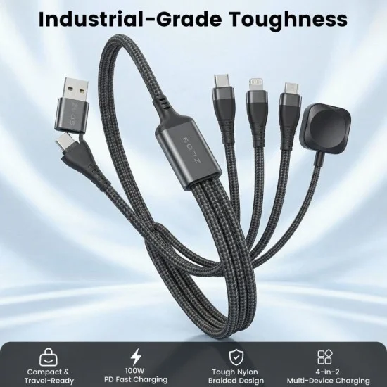 Zlos Two(C+A) to Four(C+L+Micro+Watch) Braided Data Charging Cable - Black